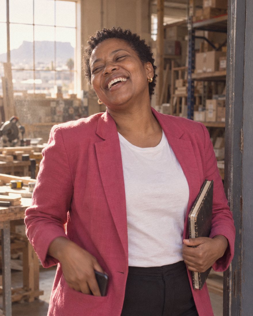 a consultant at a client's workshop in Cape Town, laughing as she pockets her phone