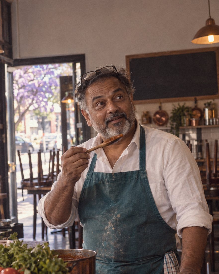 a restaurant owner at his counter in Johannesburg before service, looking up from tasting a sauce