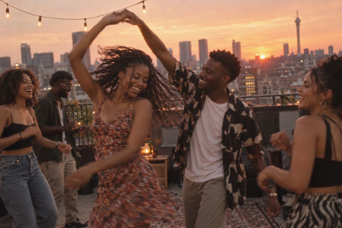 someone friends dancing on a Johannesburg rooftop at golden hour