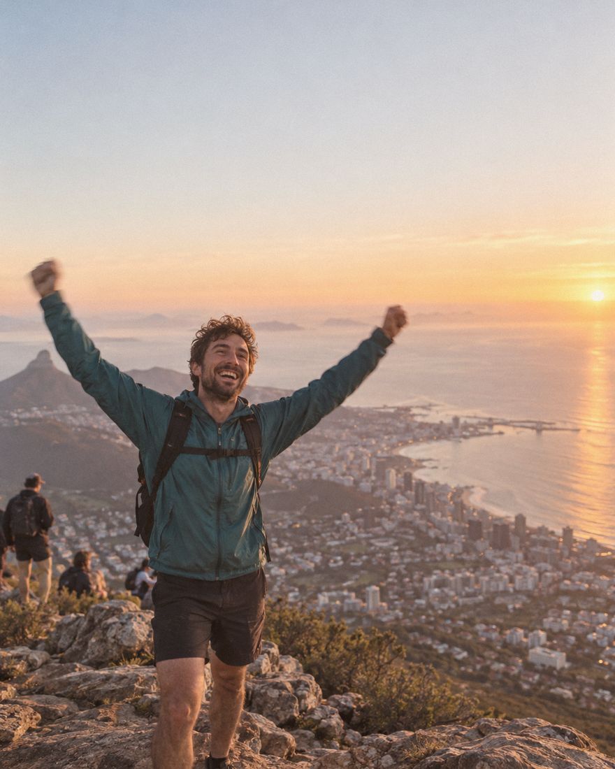 someone arms up at the top of Lion's Head at sunrise