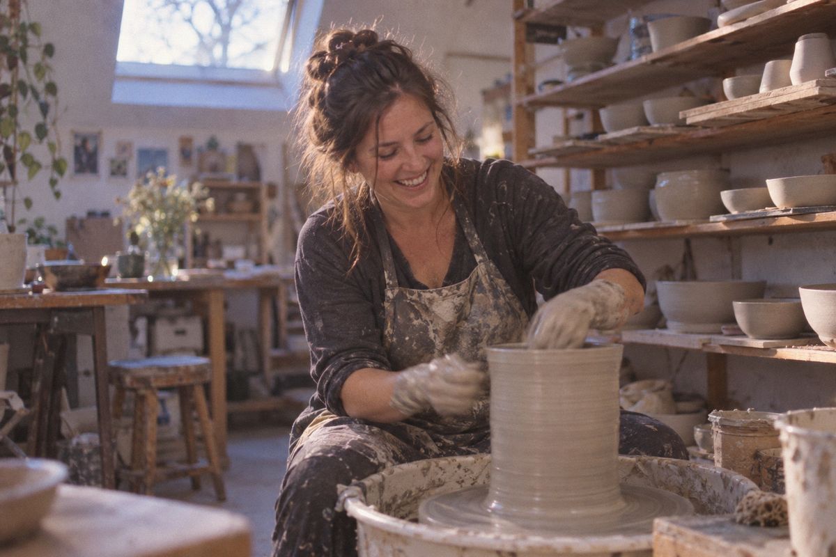 someone laughing at a pottery wheel in a sunny studio