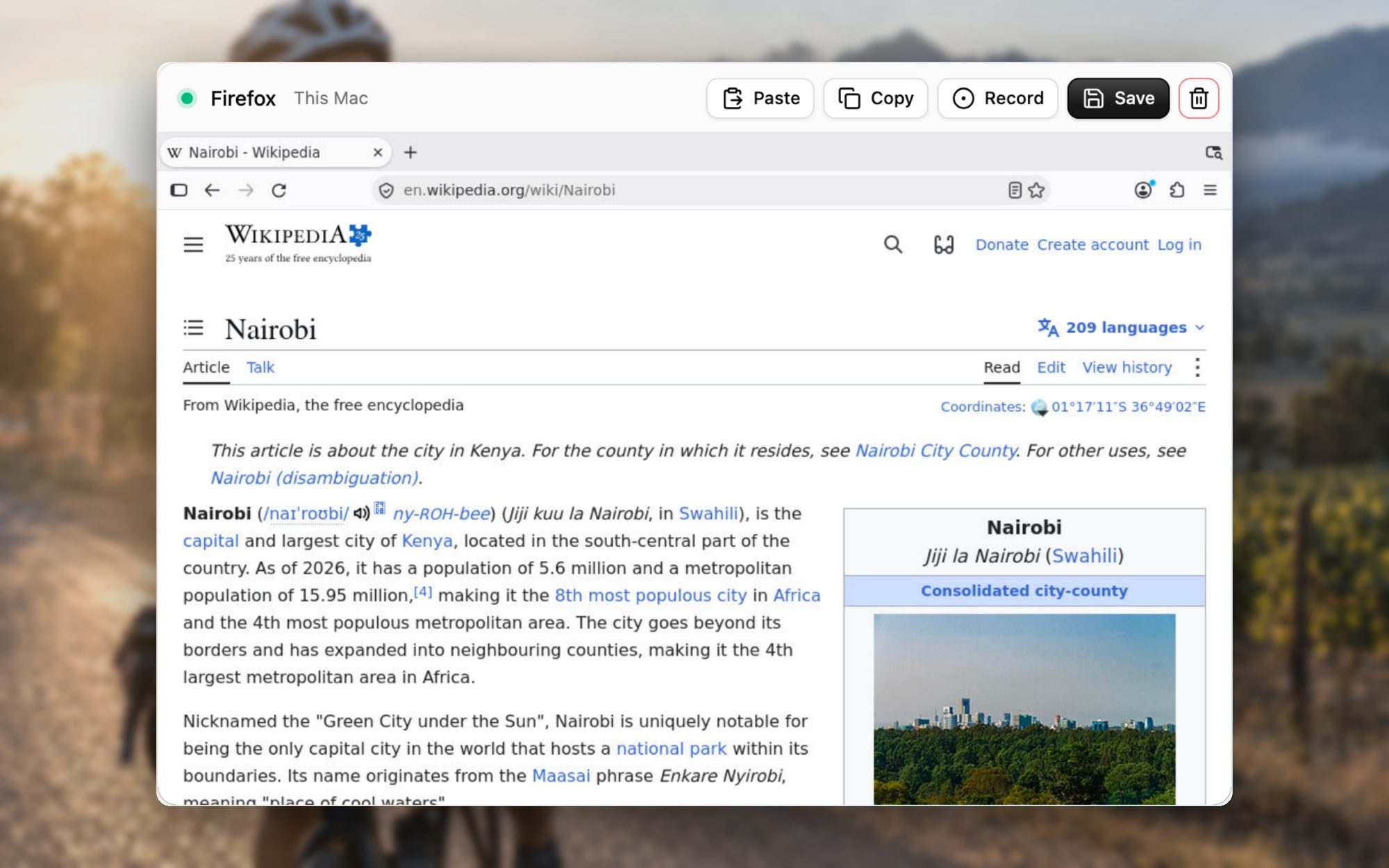 The Computer page on a mac: Firefox running in its own machine, with paste, copy, record and save