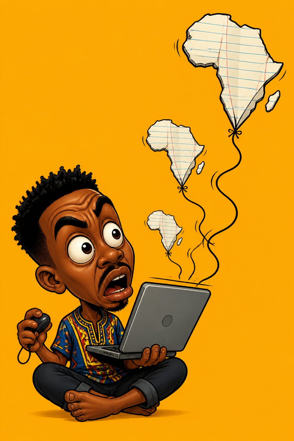 a founder flying a paper kite shaped like the African continent from his laptop