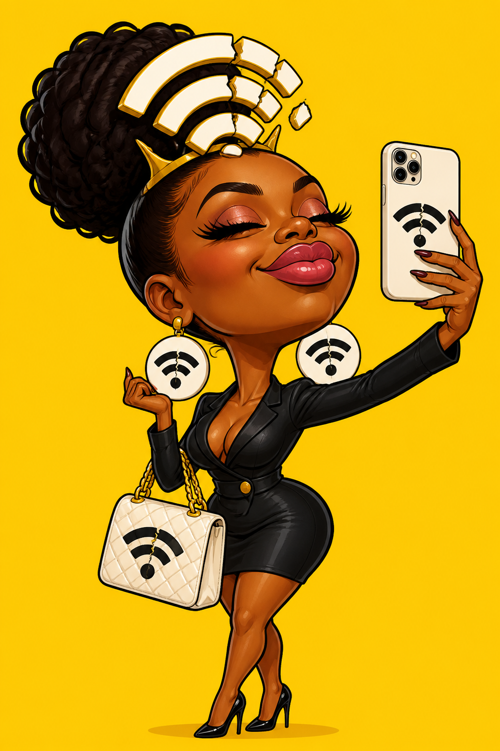 a glamorous founder taking a selfie, oblivious to a crown of broken wifi signal icons