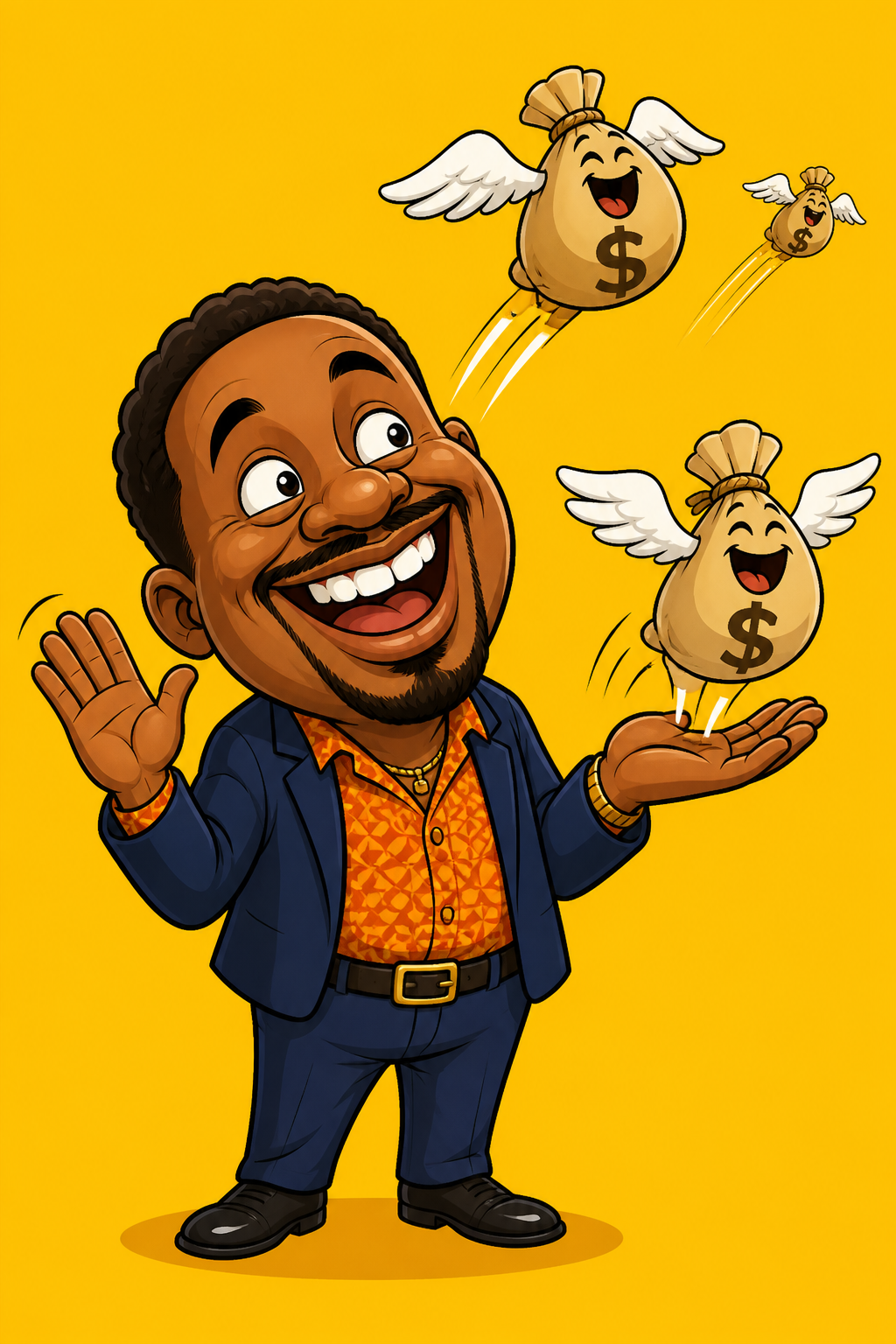 a founder cheerfully waving as money bags fly away