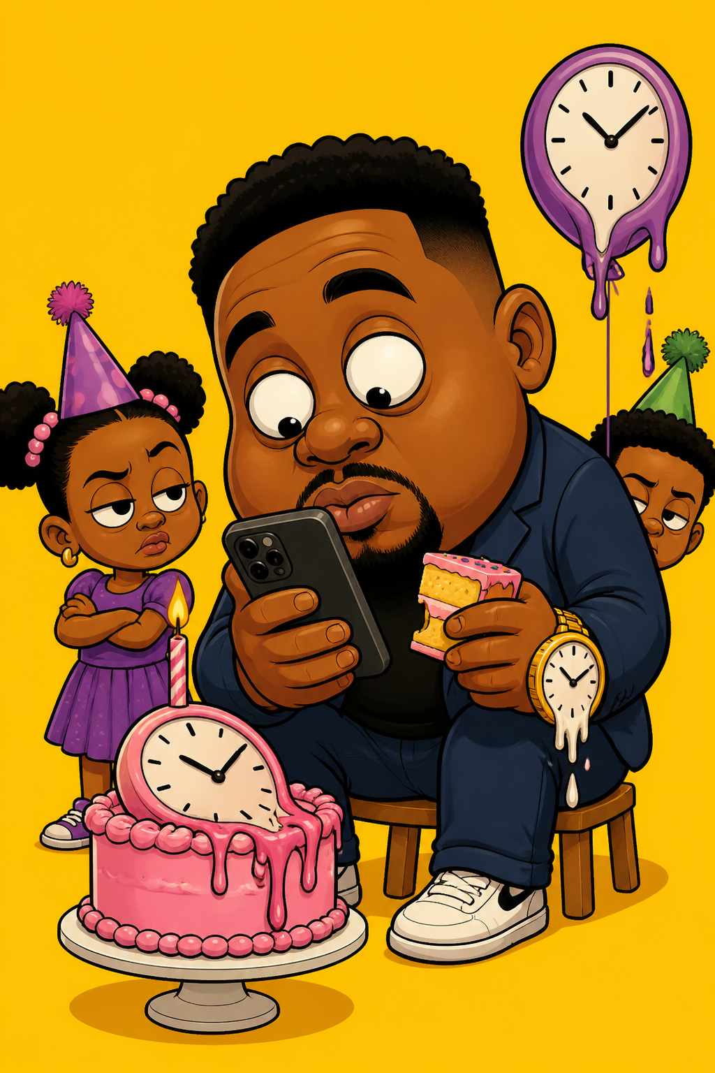 a distracted parent scrolling his phone at his child's birthday party while a clock melts nearby